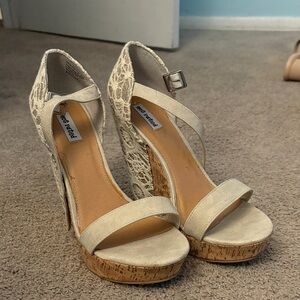not rated Beige and Gold Lace Wedge Sandals